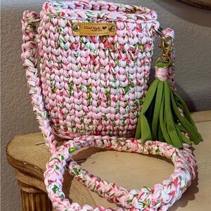 Handmade Pink & Green Crochet Crossbody Bag with Tassel Accent